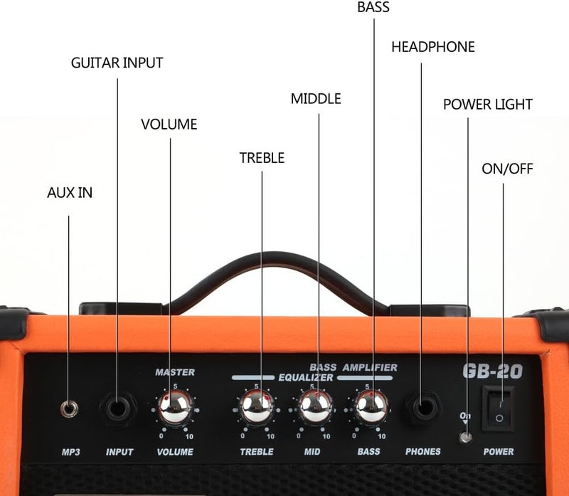 demusea 20W Watt Electric Orange Color Bass Guitar Amplifier Portable Travel Mini Practic Amp Headphone Jack Aux Treble Middle Bass MP3 with Cable Adapter Guitar Picks in - Image 3